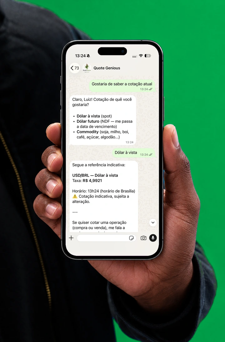Quote Genius no WhatsApp, com uma captura real enviada pelo usuário dentro de um iPhone. Valores históricos da captura, não uma cotação atual.